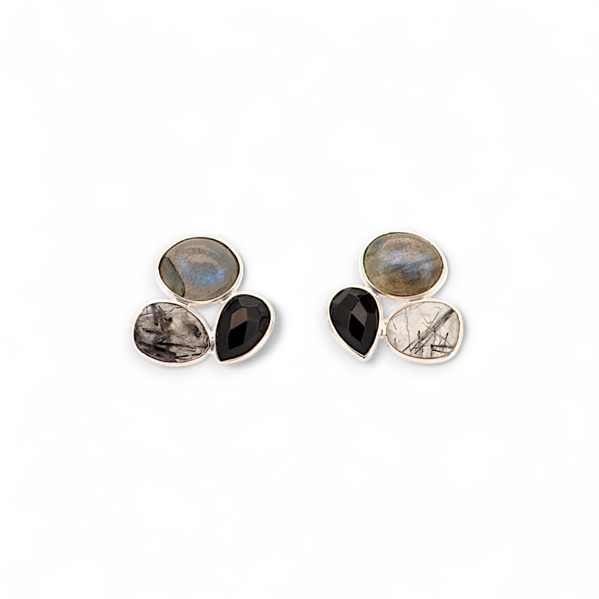 Natrual Labradorite, Black Onyx & Tourmalinated Quartz Earrings