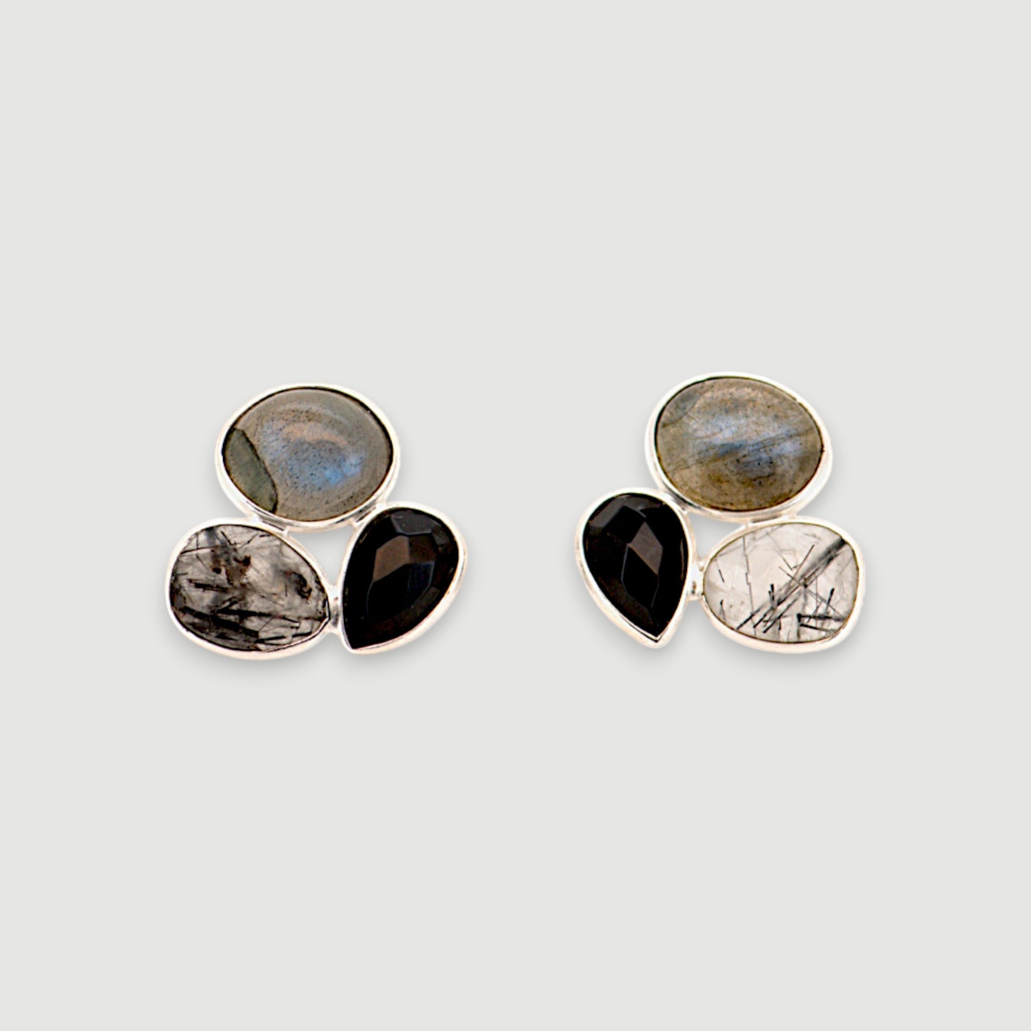 Natrual Labradorite, Black Onyx & Tourmalinated Quartz Earrings