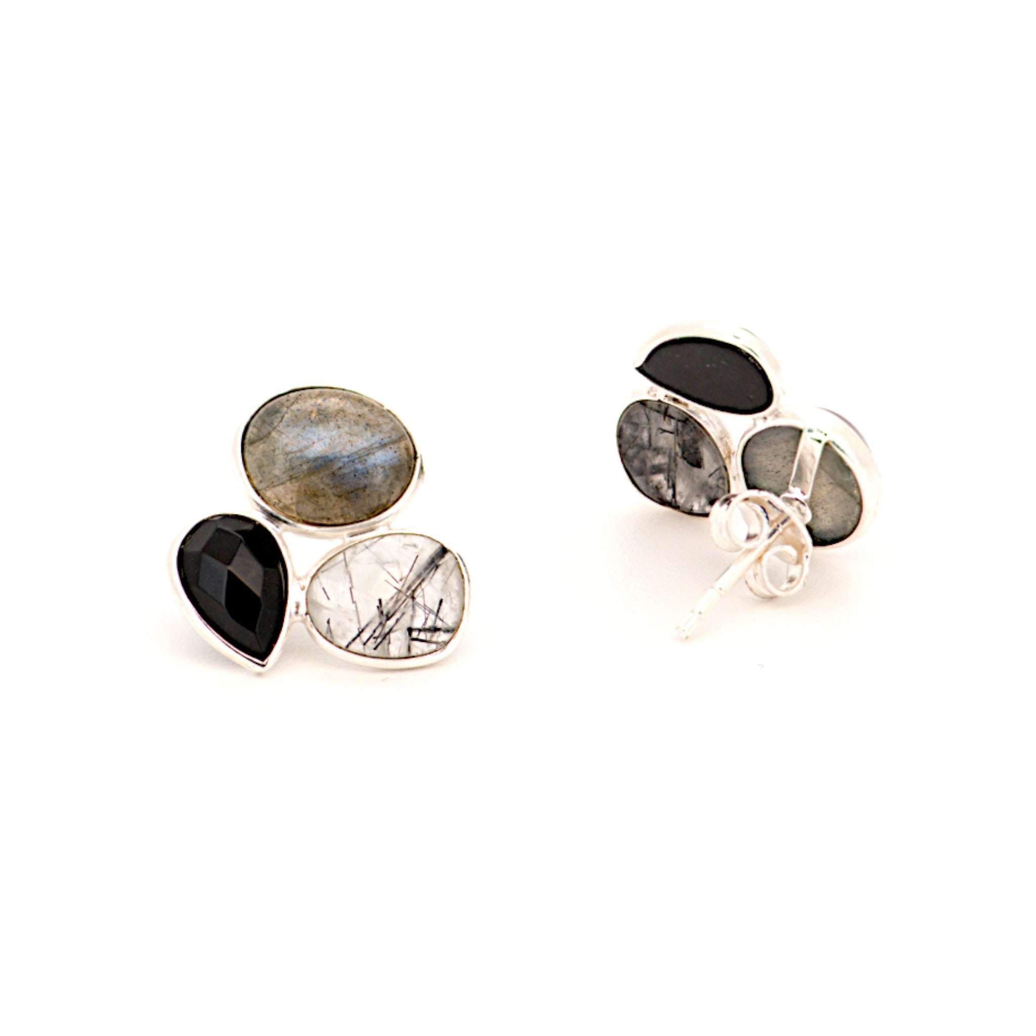 Natrual Labradorite, Black Onyx & Tourmalinated Quartz Earrings