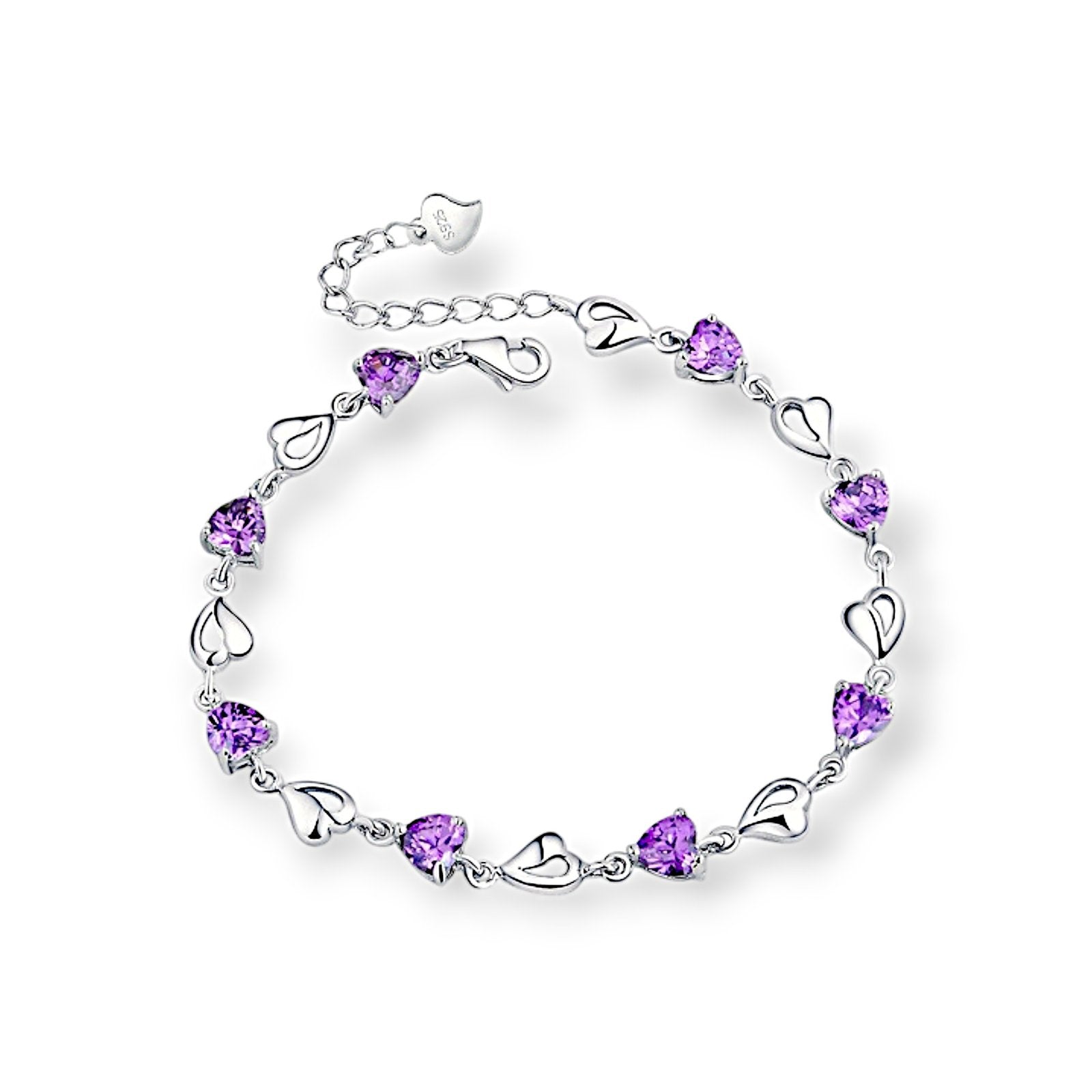 Purple heart link bracelet in 925 sterling silver 16