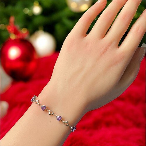 Purple heart link bracelet in 925 sterling silver 2