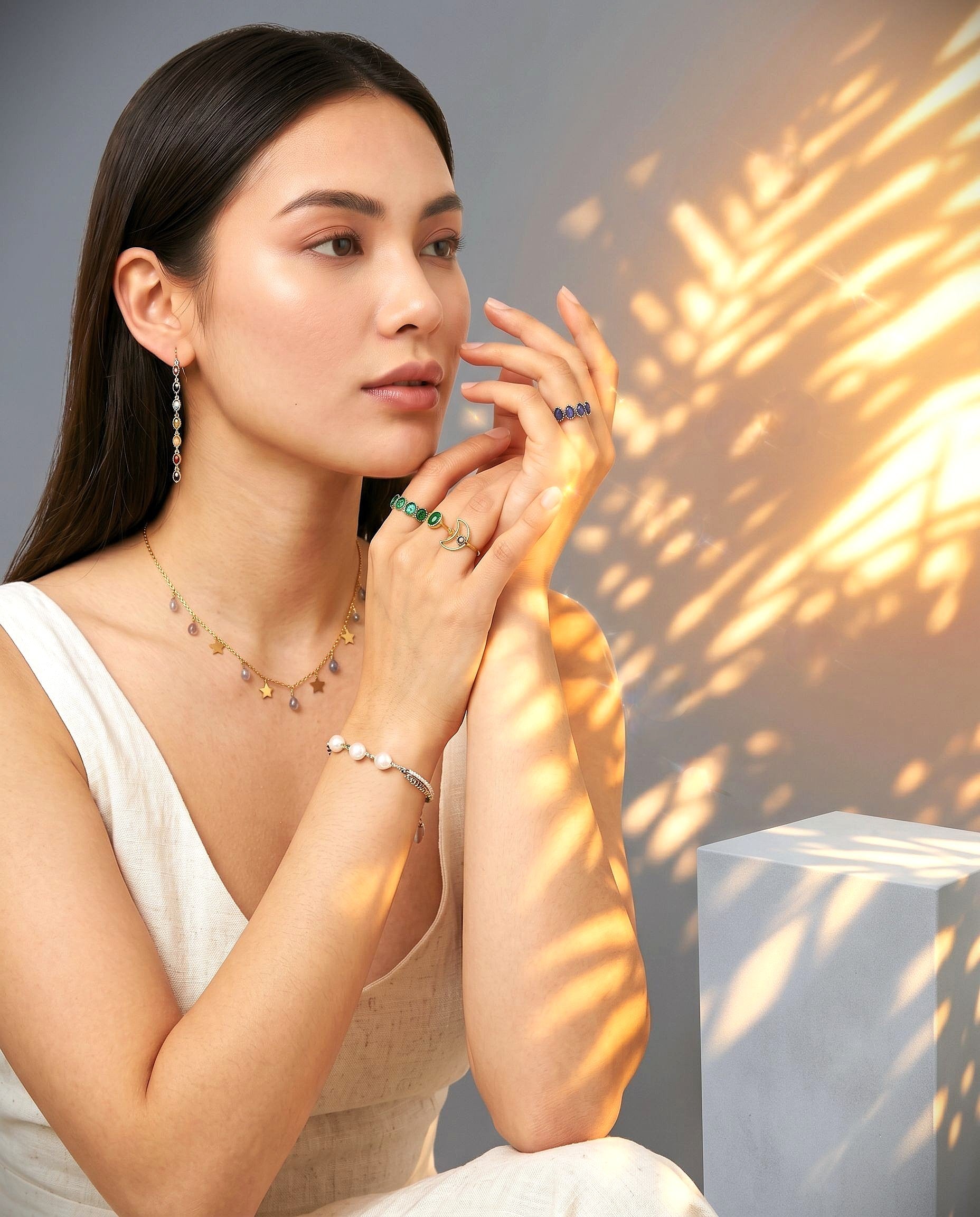 Woman wearing Amara Jewels elegant Natural Gemstone jewelry