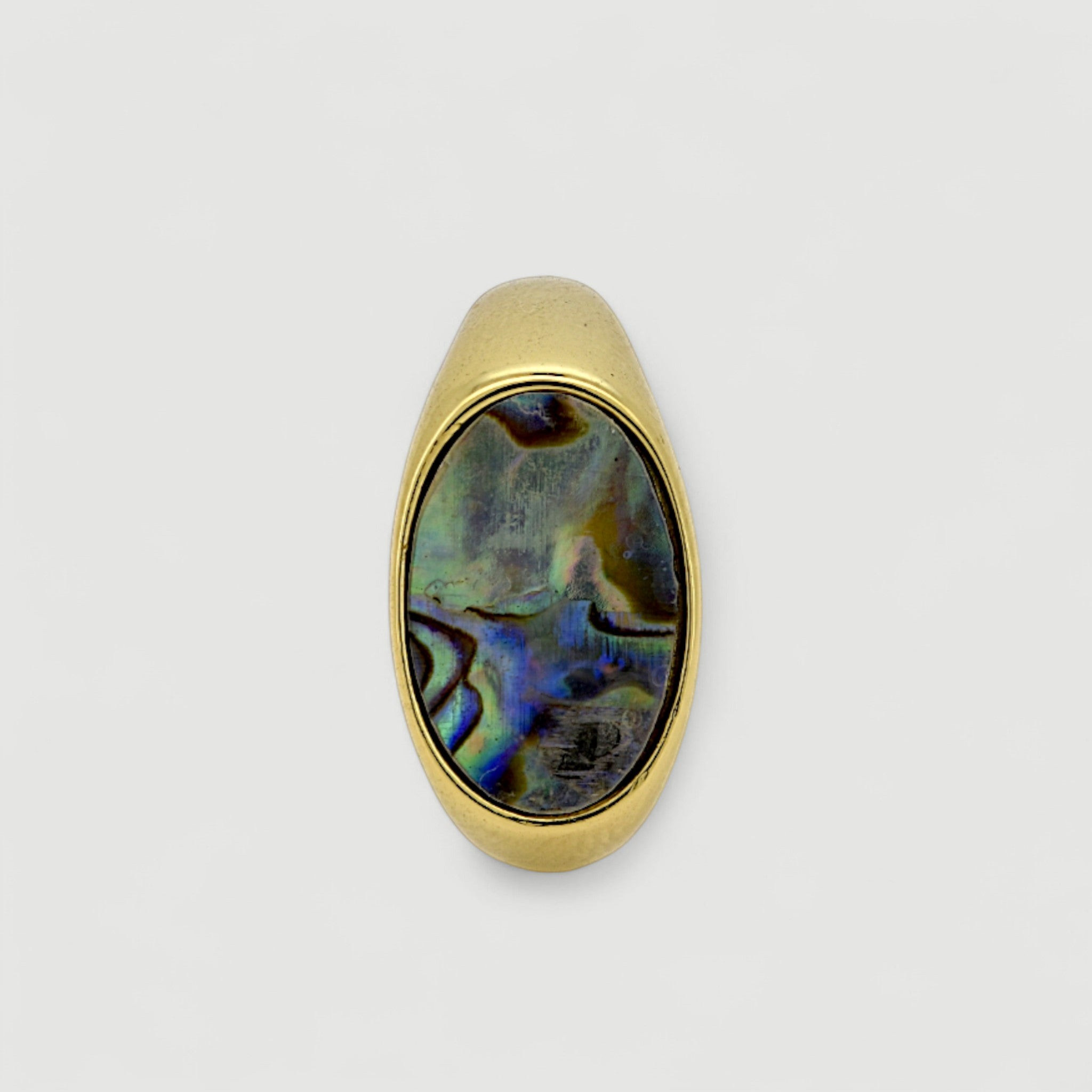 Amara Jewels gold-tone open ring with oval abalone shell inlay featuring iridescent blues, greens, and purples.