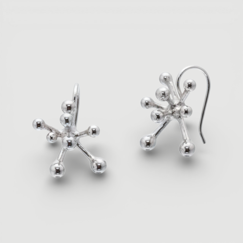 Amara Jewels abstract art earrings in polished sterling silver with a fluid, organic design.