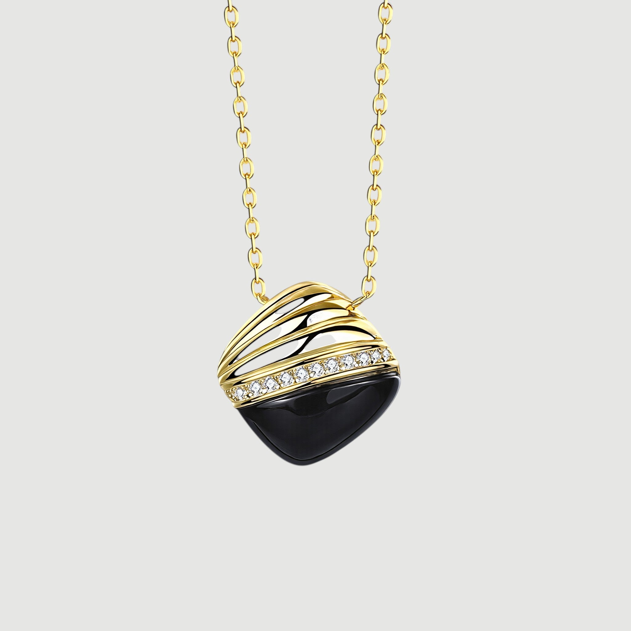 Amara Jewels gold 925 sterling silver necklace with black agate pendant, accented with crystals.