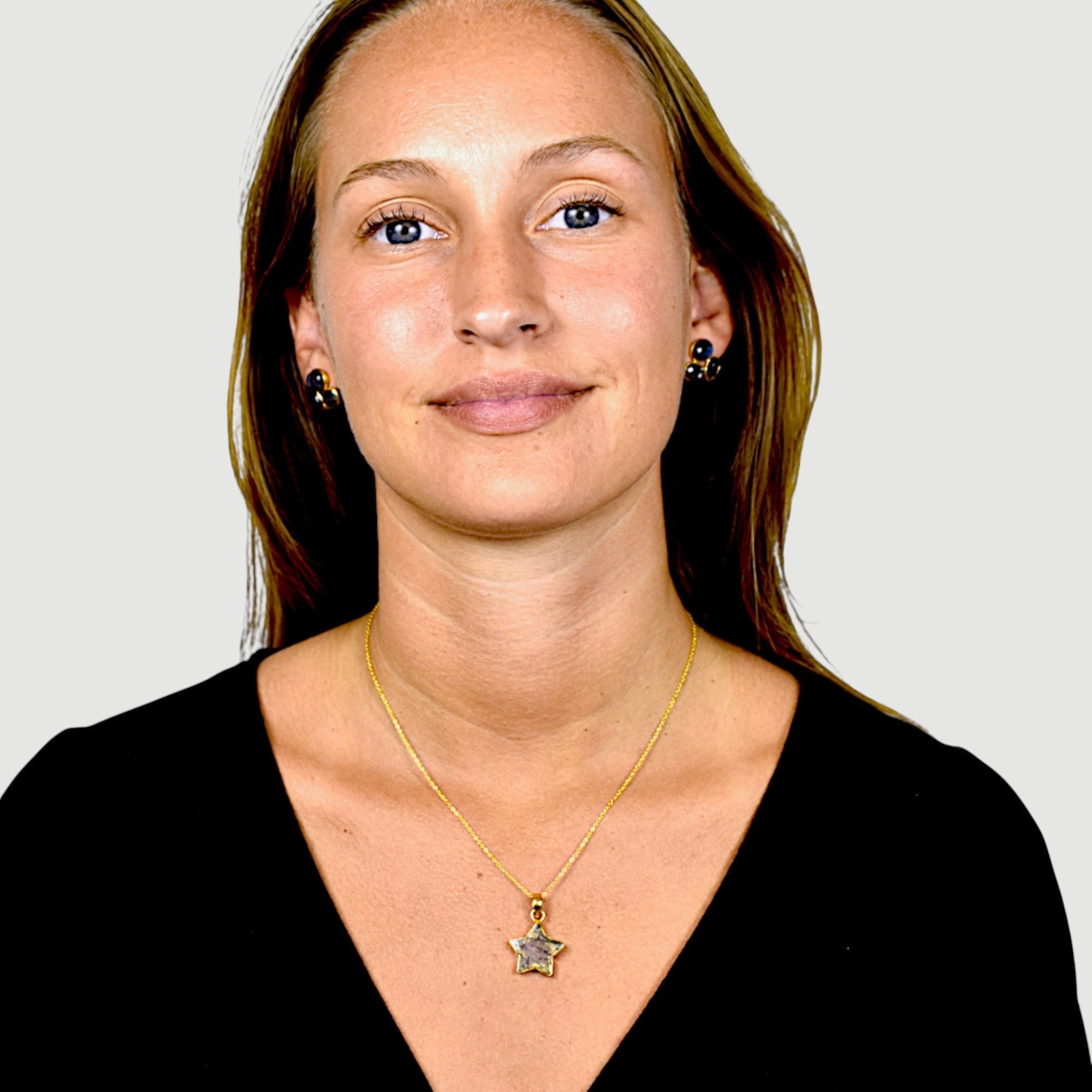 Amara Jewels star pendant necklace with black rutilated quartz and 18K gold vermeil chain.