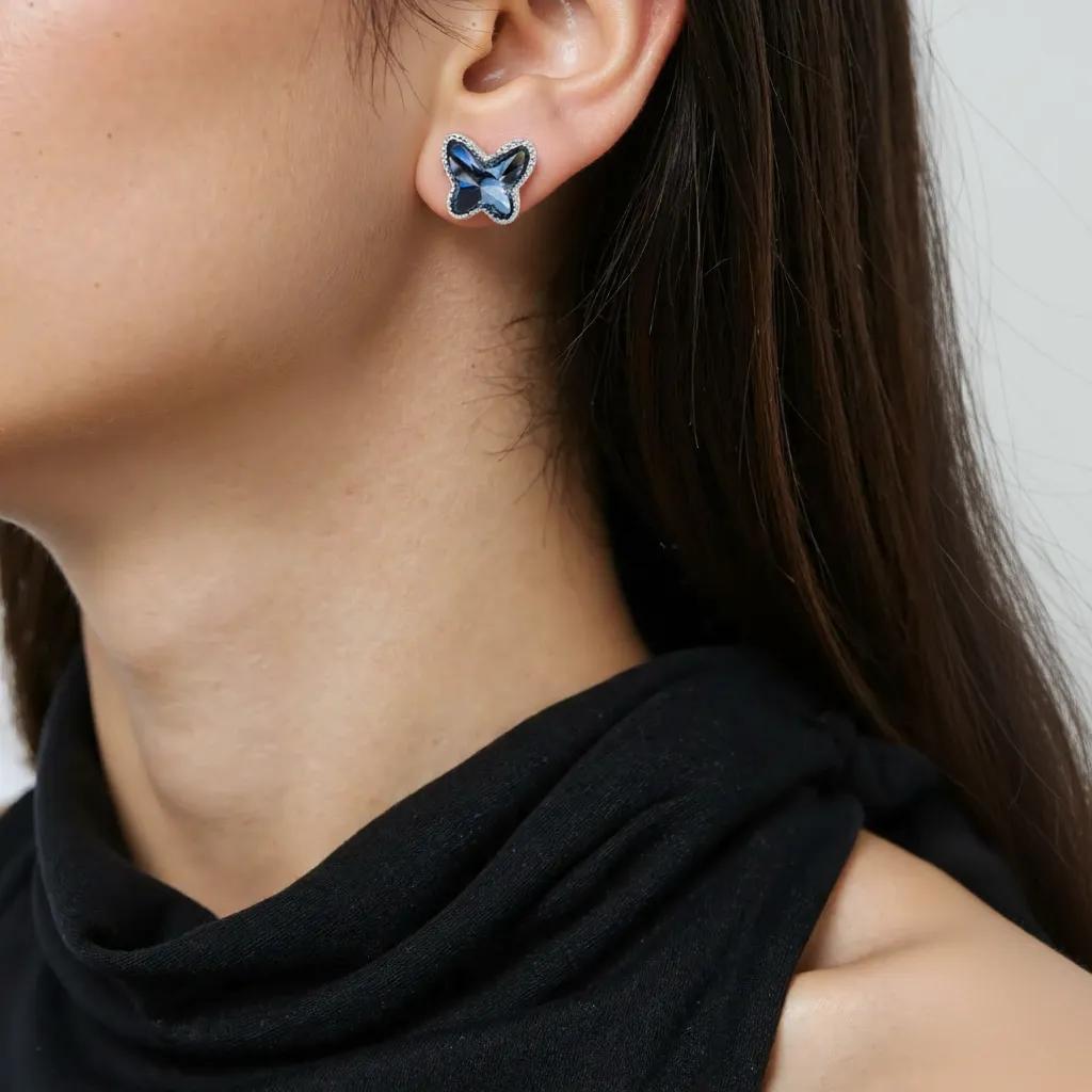 Amara Jewels blue crystal butterfly stud earrings with beaded sterling silver frame.