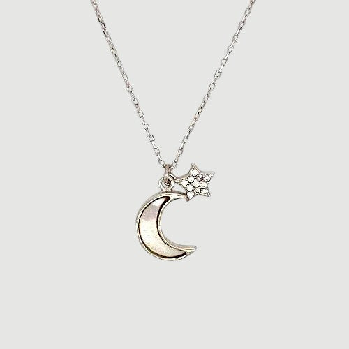 Amara Jewels rhodium-plated sterling silver necklace with a mother-of-pearl crescent moon and a sparkling star charm.