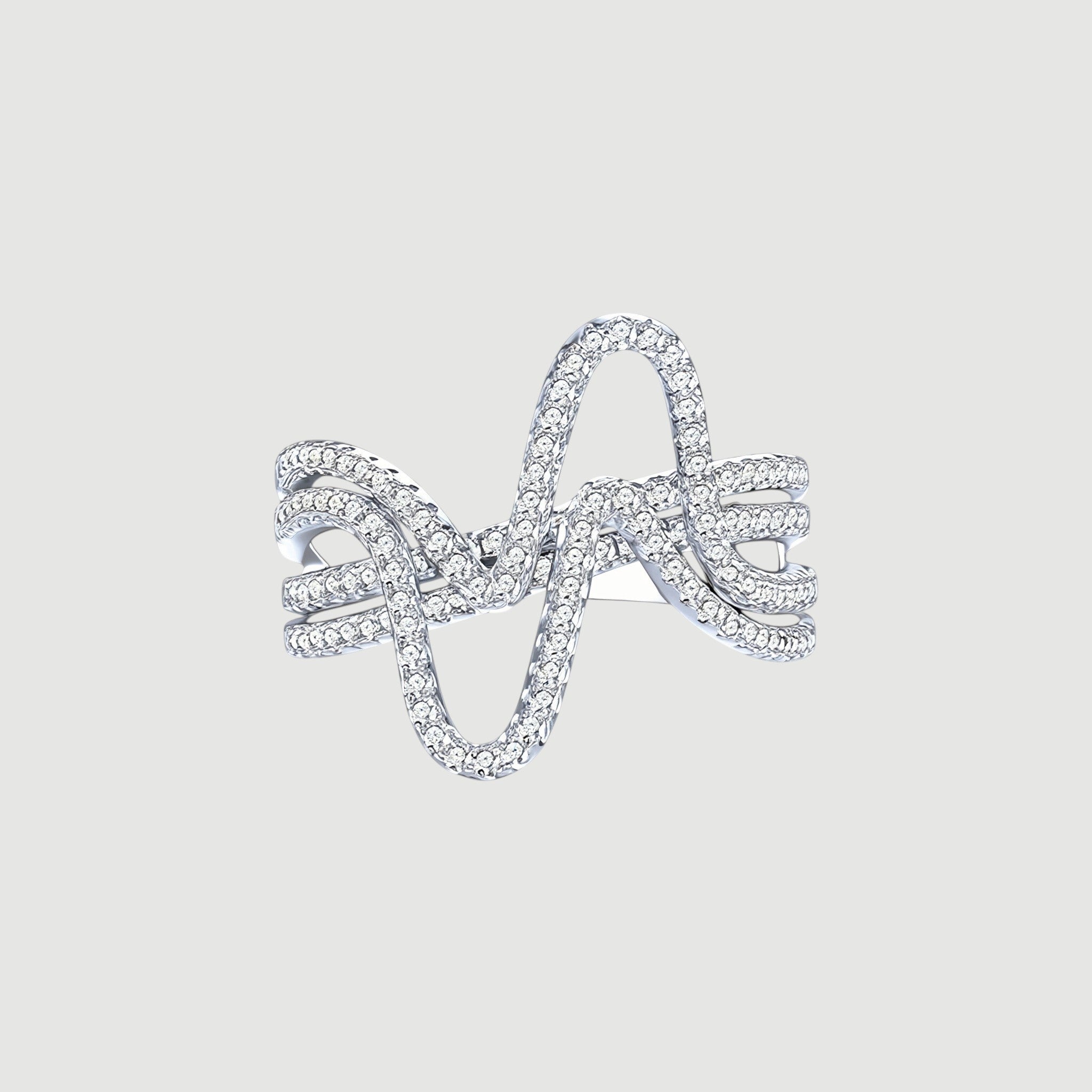 Amara Jewels sterling silver statement ring with cubic zirconia in a curved wave design.