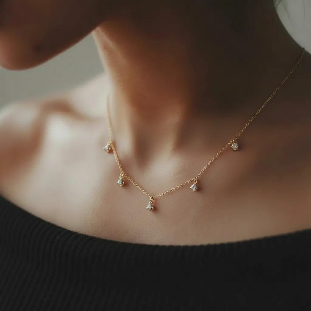 Amara Jewels gold-plated sterling silver necklace with five small crystal pendants spaced along a delicate chain.