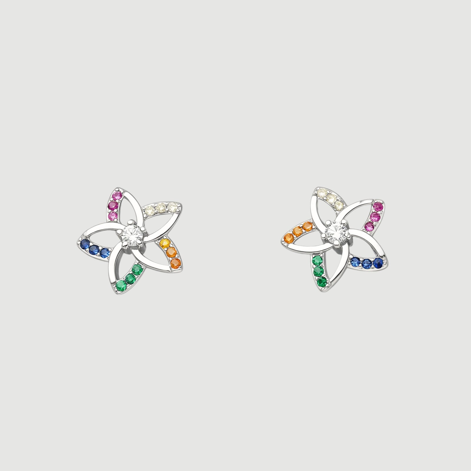 Amara Jewels sterling silver flower stud earrings with multicolor cubic zirconia stones.