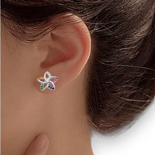 Amara Jewels sterling silver flower stud earrings with multicolor cubic zirconia stones.