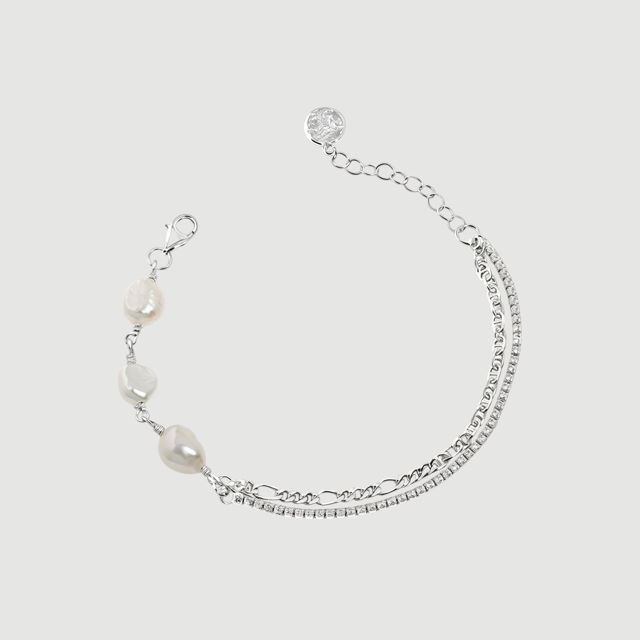 Amara Jewels 925 sterling silver bracelet with freshwater pearls and a dual chain design, one chain is accented with sparkling stones.