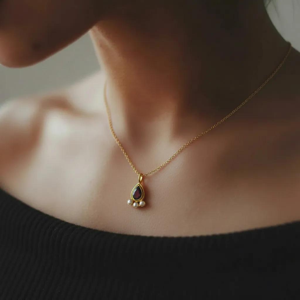 Amara Jewels teardrop necklace with deep red garnet and three pearls, set in 18K gold vermeil over sterling silver.