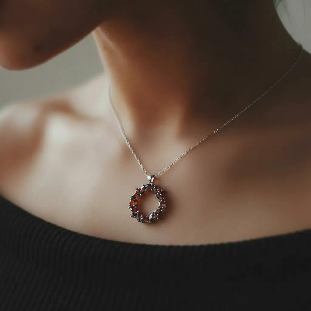 Amara Jewels sterling silver necklace with a wreath pendant featuring deep red natural garnet gemstones.