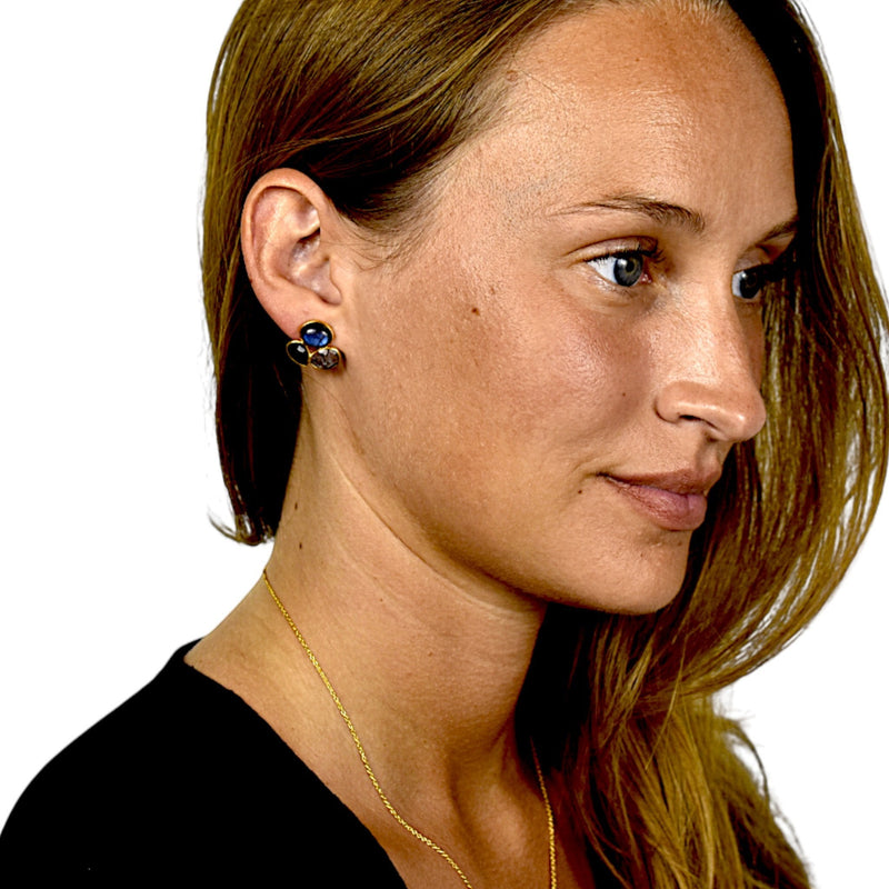 Amara Jewels gold-plated sterling silver cluster stud earrings with labradorite, black onyx, and tourmaline quartz.