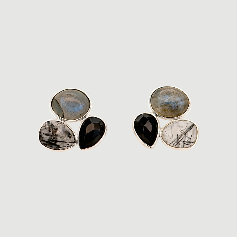 Amara Jewels cluster stud earrings with labradorite, black onyx, and tourmalinated quartz in sterling silver.