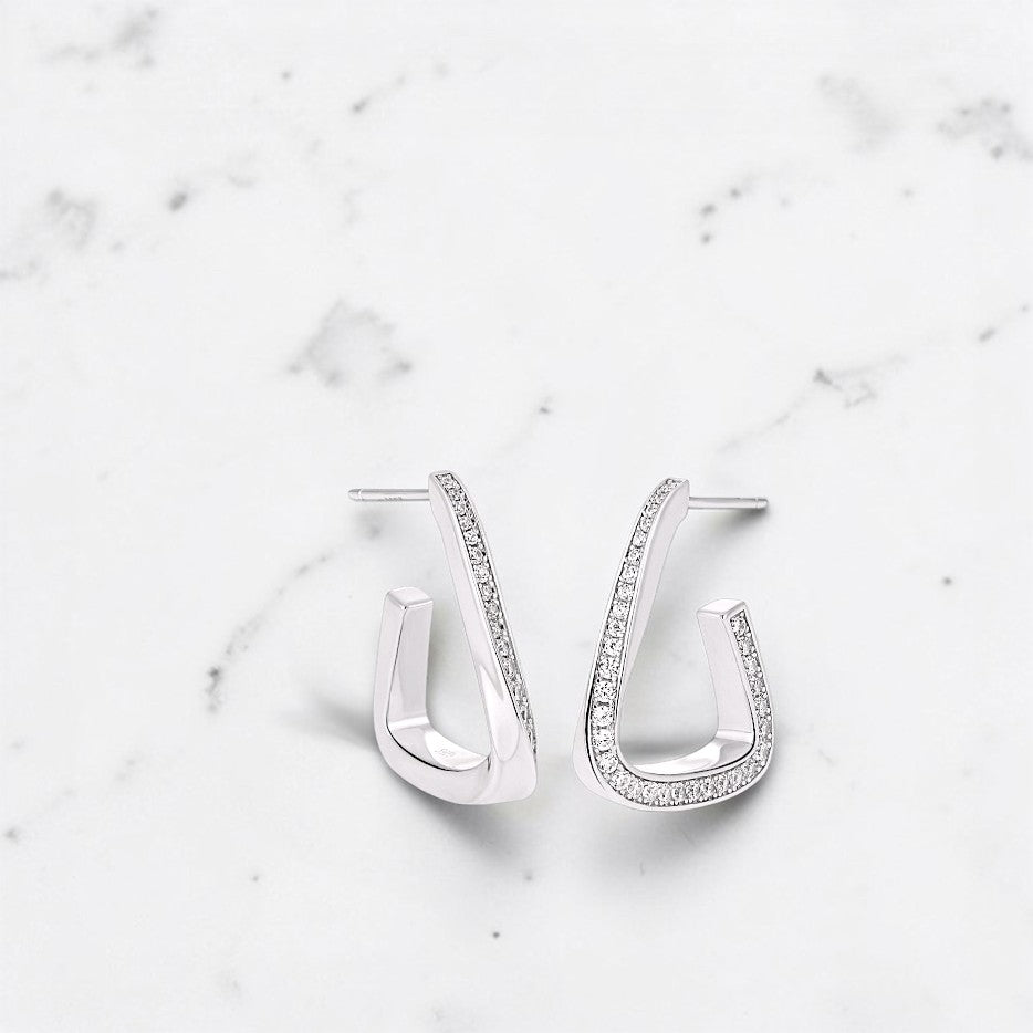 Amara Jewels Sterling Silver Geometric Crystal Hoop Earrings with angular design and sparkling crystals.