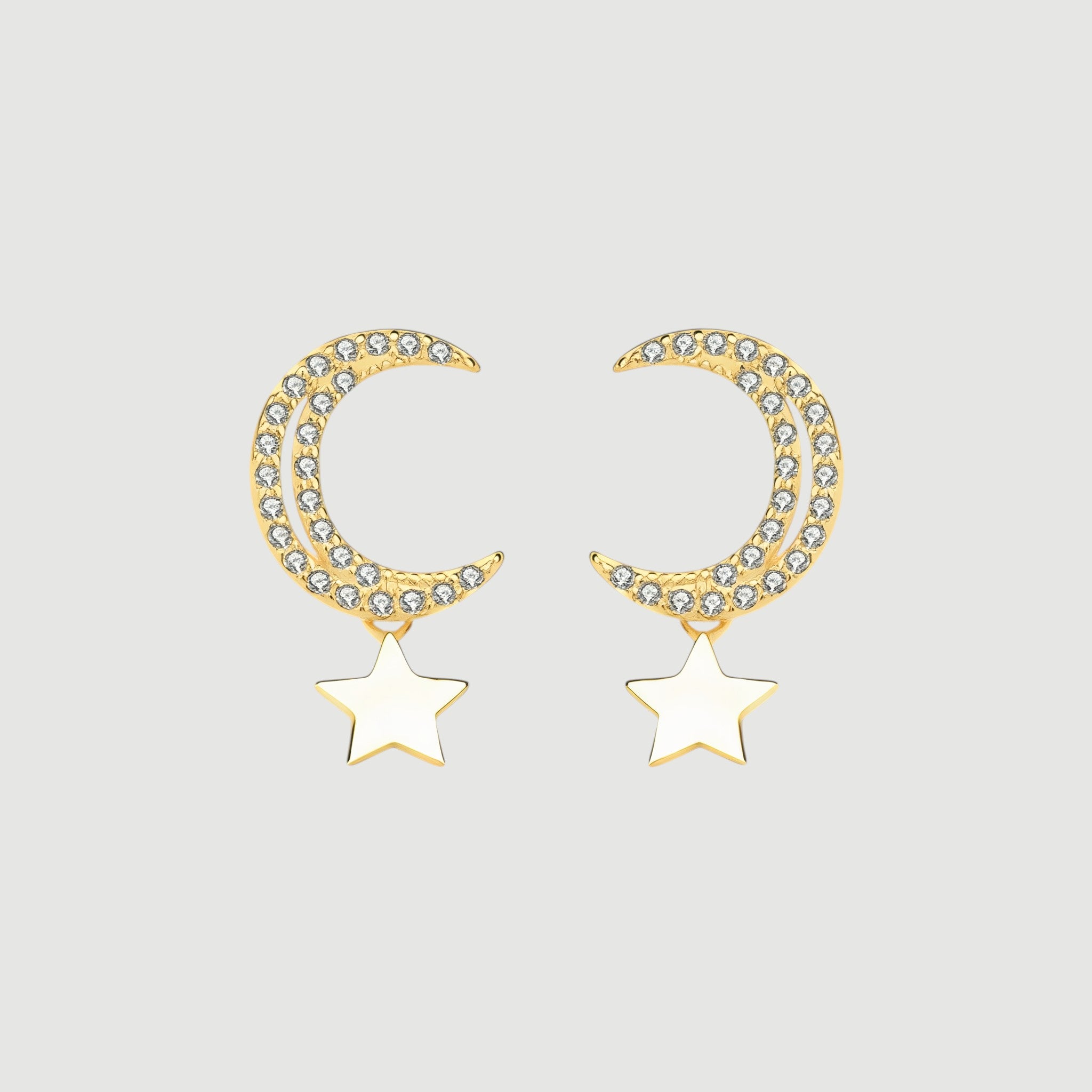 Amara Jewels gold-plated sterling silver crescent moon earrings with cubic zirconia and dangling star charm.