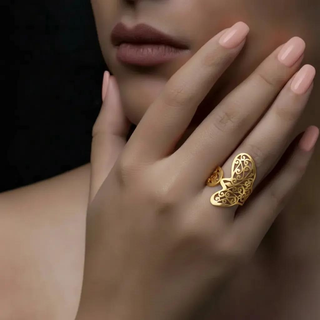 Amara Jewels gold filigree statement ring with ornate scrollwork, 18K gold vermeil over sterling silver.