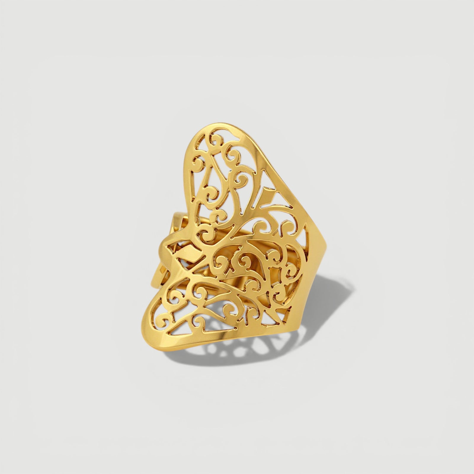 Amara Jewels gold filigree statement ring with ornate scrollwork, 18K gold vermeil over sterling silver.