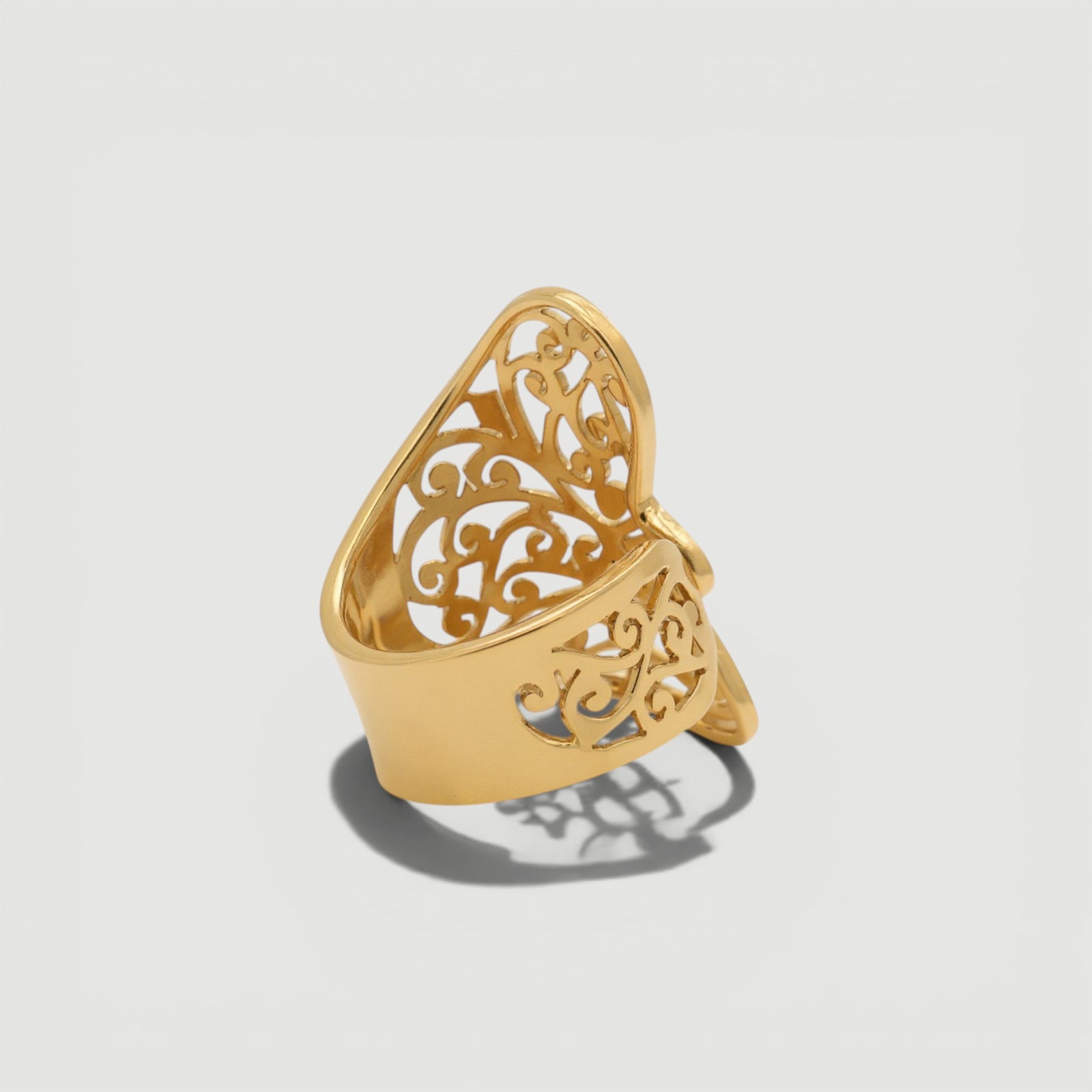 Amara Jewels gold filigree statement ring with ornate scrollwork, 18K gold vermeil over sterling silver.