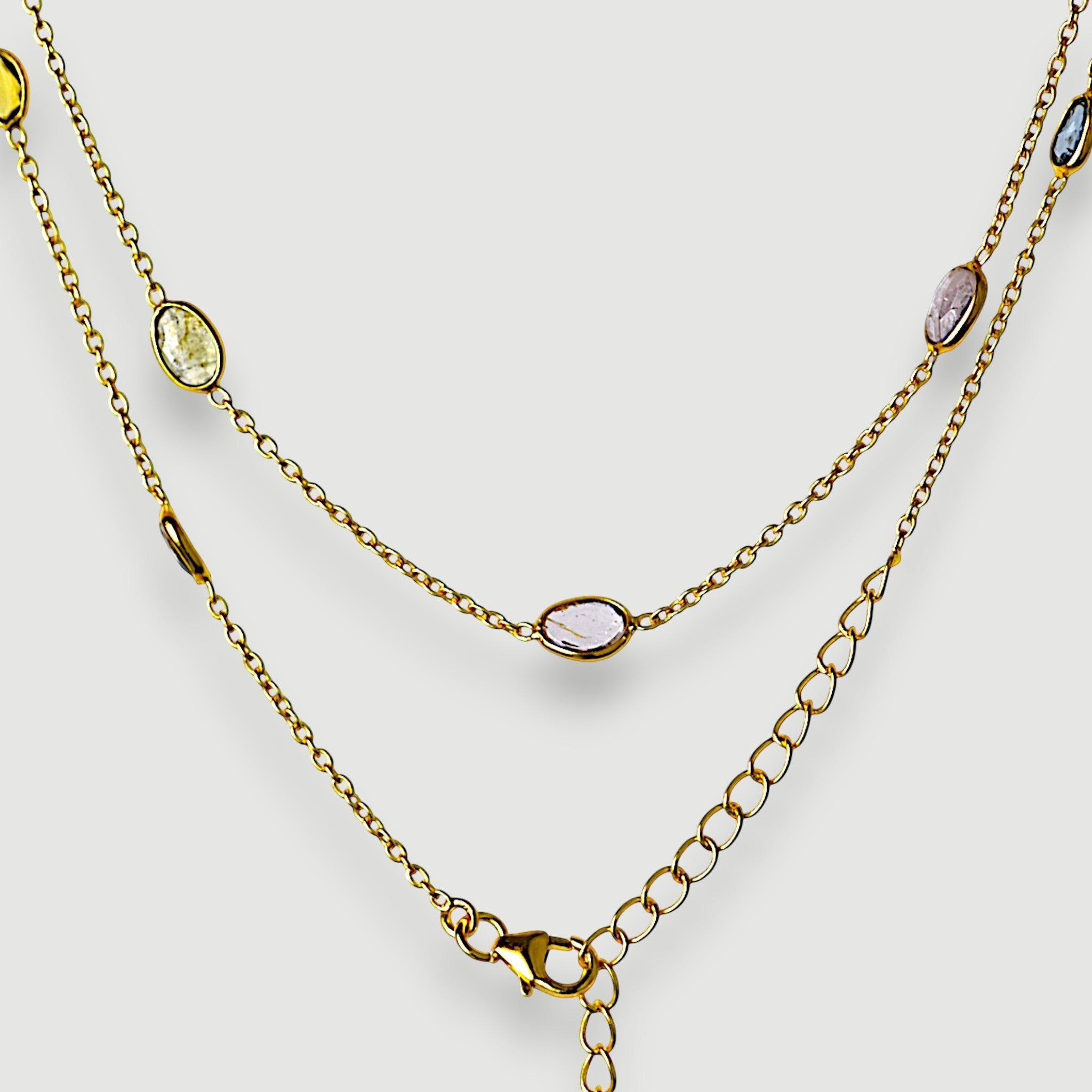 Amara Jewels 18K gold vermeil station necklace with bezel-set pastel amethyst, rose quartz, and green tourmaline.
