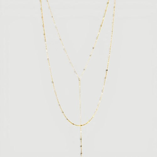 Amara Jewels gold lariat necklace with a Y-shaped chain and delicate bead accents, 925 sterling silver.