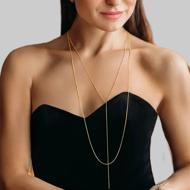 Amara Jewels gold lariat necklace with a Y-shaped chain and subtle bead accents, crafted from 925 sterling silver.