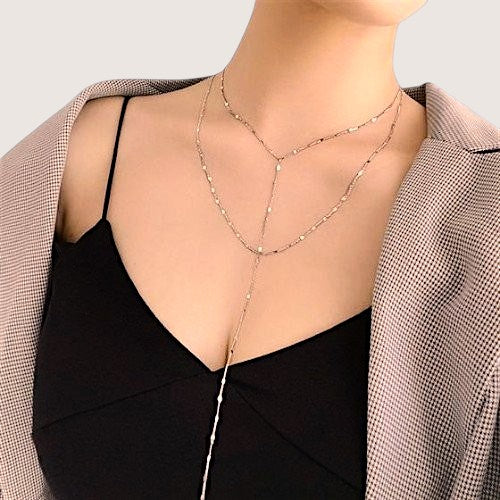 Amara Jewels gold lariat necklace with a Y-shaped chain and delicate bead accents, 925 sterling silver.