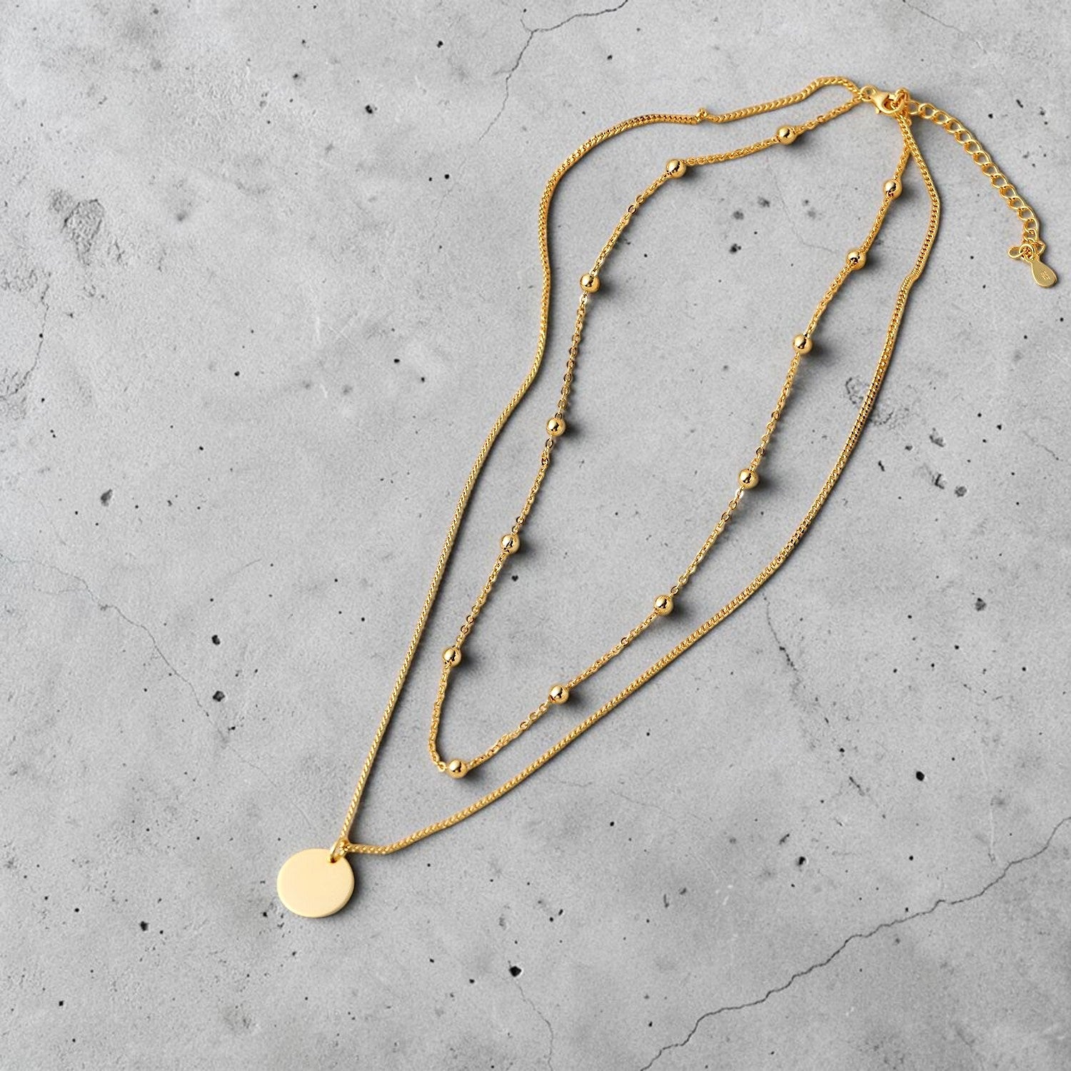 Amara Jewels gold-plated sterling silver layered necklace with bead chain and disc charm.