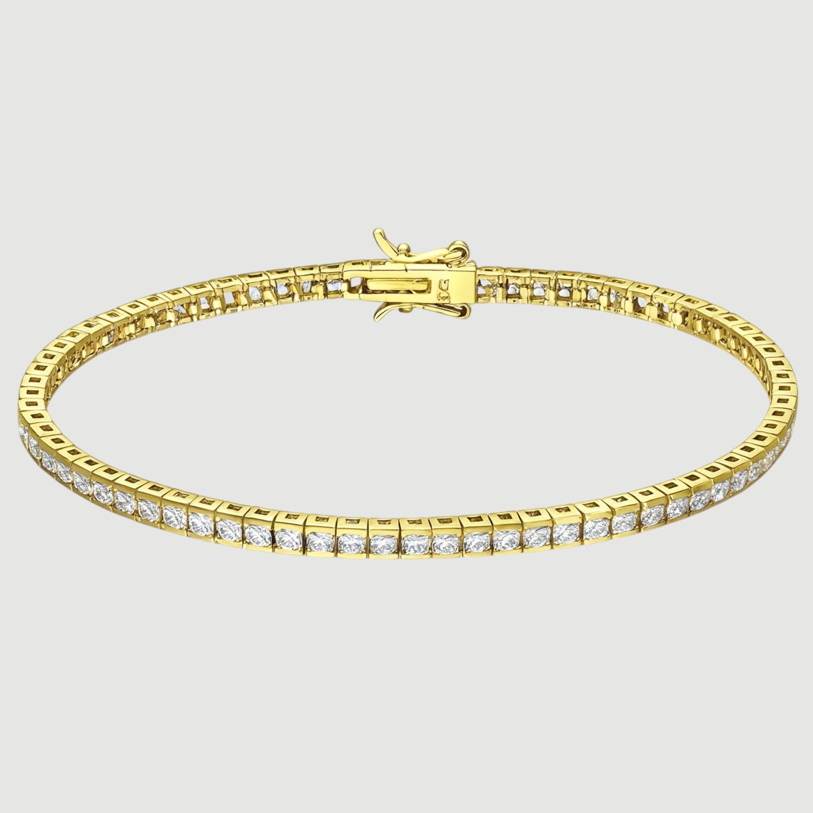 Amara Jewels elegant gold tennis bracelet with sparkling square stones on sterling silver with gold finish.