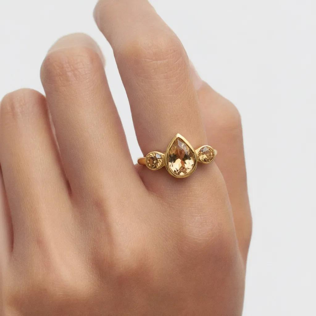 Amara Jewels elegant golden topaz ring with pear-shaped center stone and accent stones, 18K gold vermeil over 925 sterling silver.