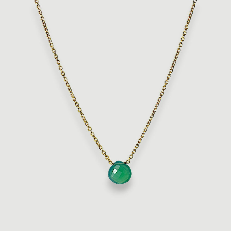 Amara Jewels 18K gold vermeil necklace with a faceted green chalcedony gemstone pendant.