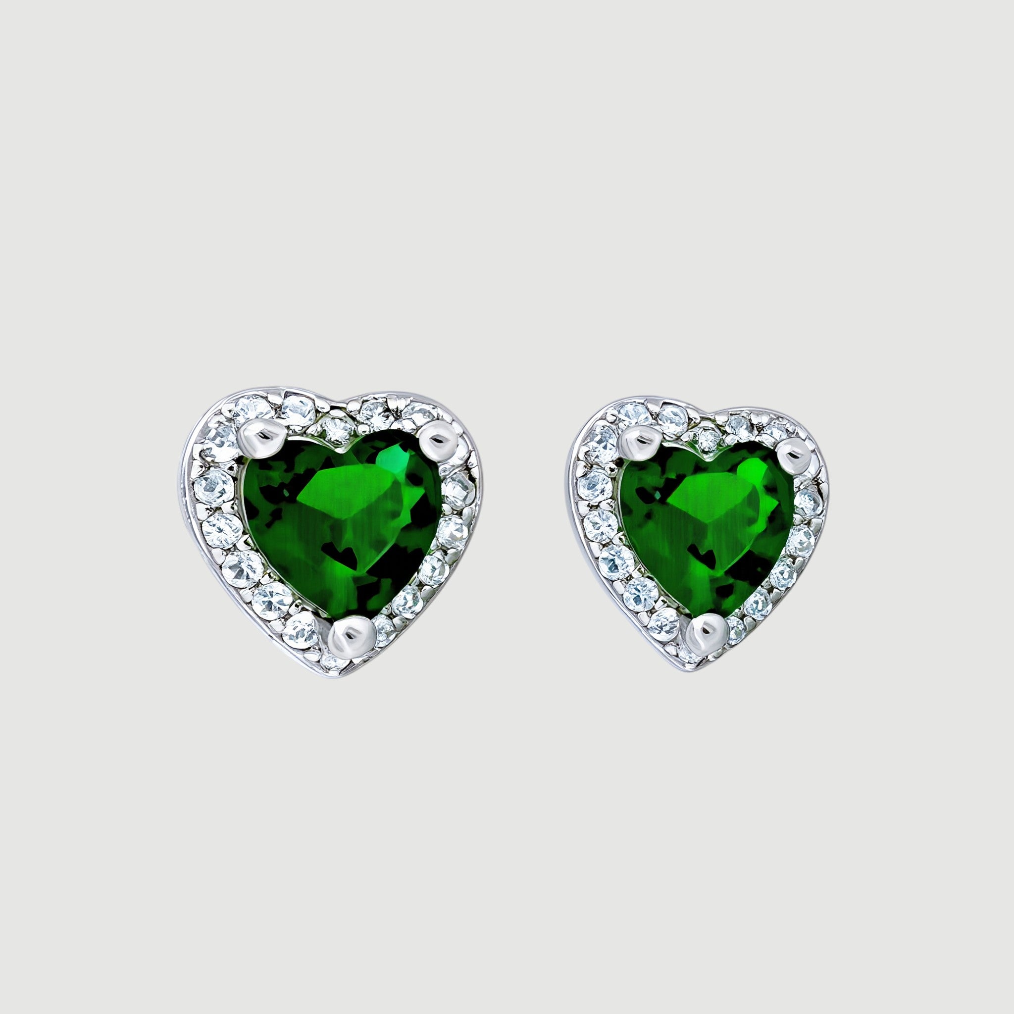 Amara Jewels green heart stud earrings with clear cubic zirconia halo, crafted from sterling silver.