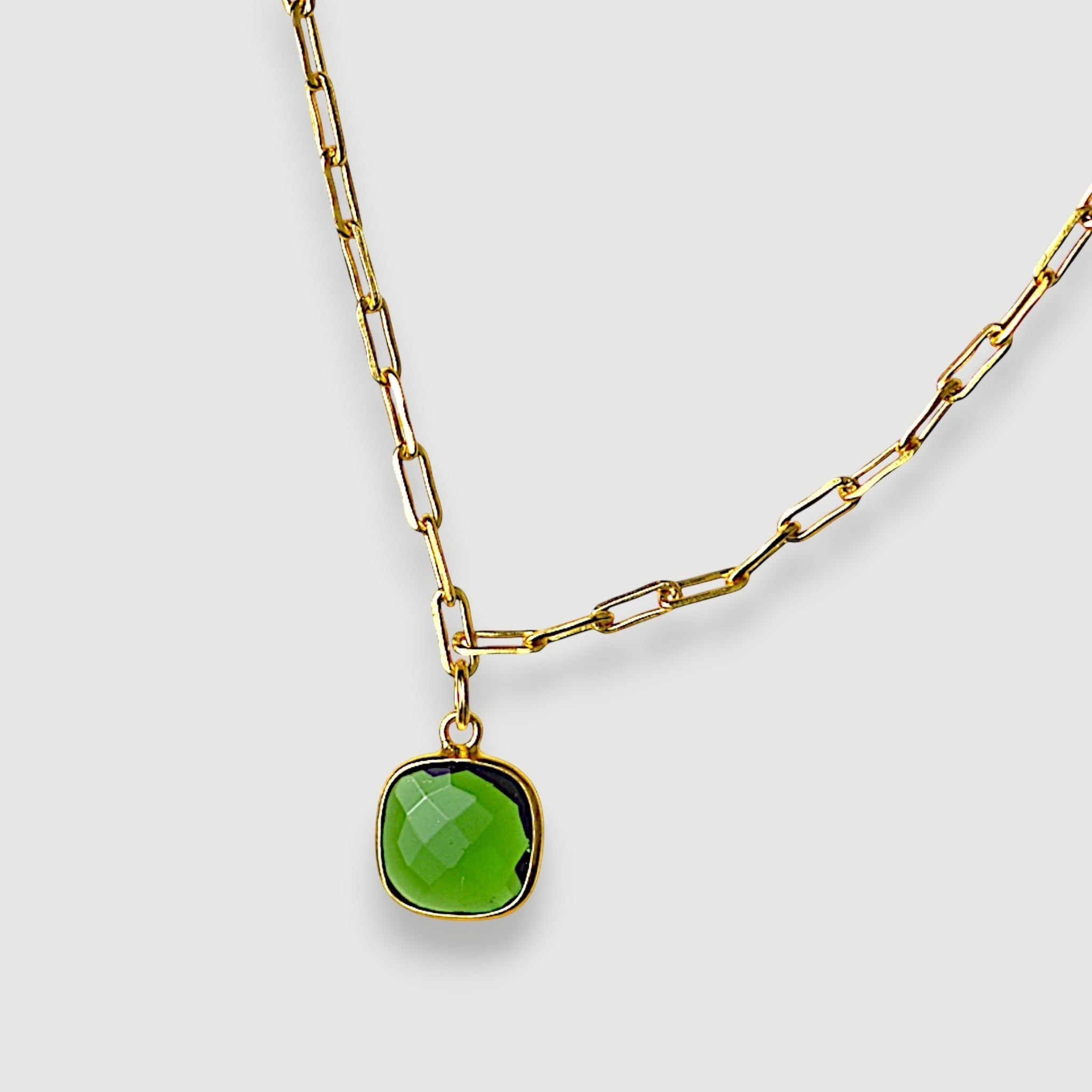 Amara Jewels green faceted cushion-cut green onyx gemstone pendant necklace on a gold paperclip chain.