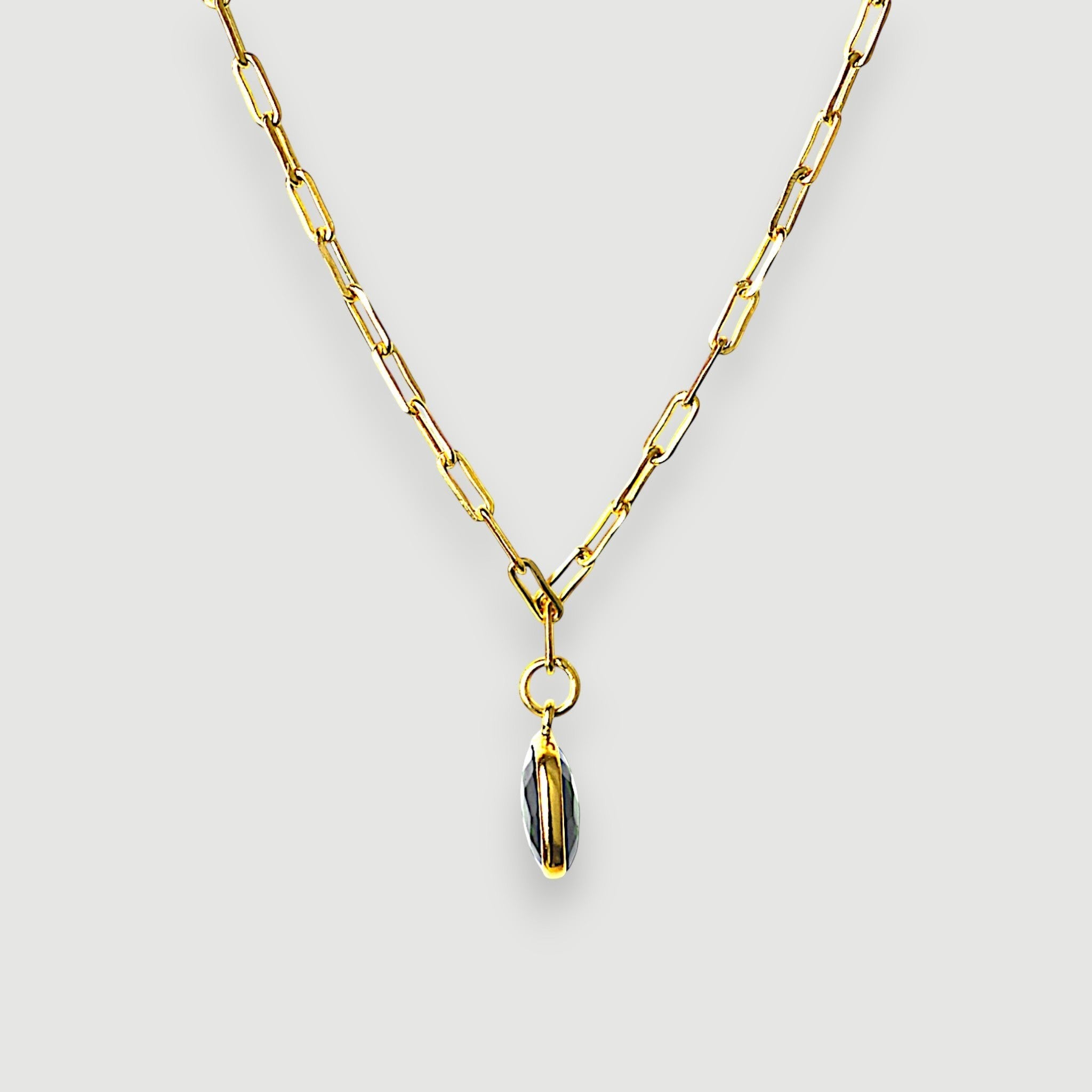 Amara Jewels green faceted cushion-cut green onyx gemstone pendant necklace on a gold paperclip chain.