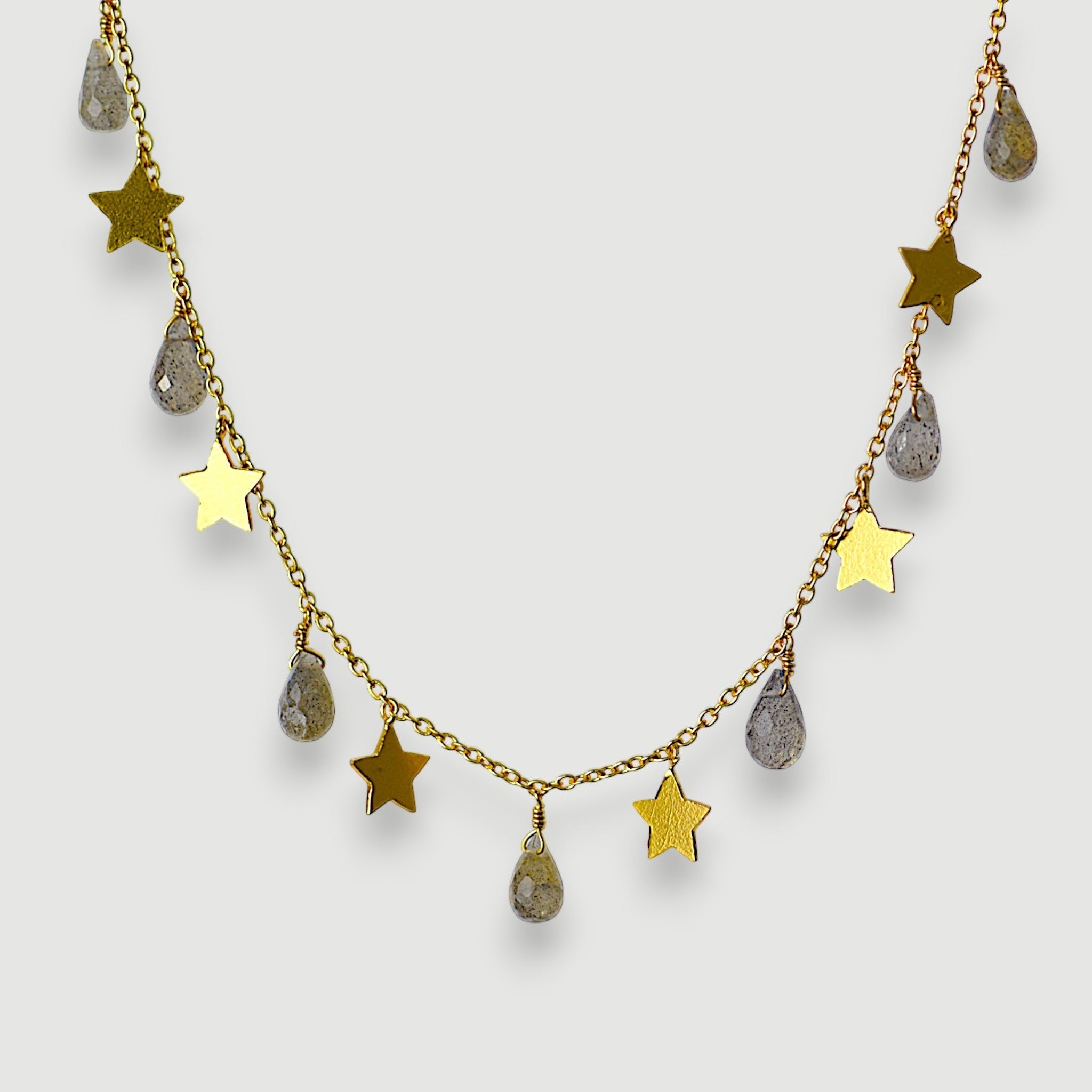 Amara Jewels gold-vermeil sterling silver necklace with labradorite teardrop charms and gold stars.