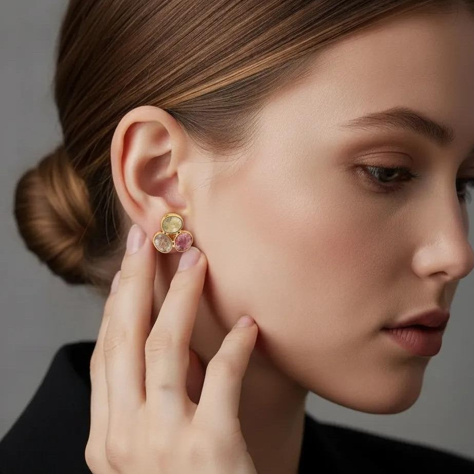 Amara Jewels natural multi-color tourmaline stud earrings in 18K gold vermeil over sterling silver. Features pink, green, and brown hues.
