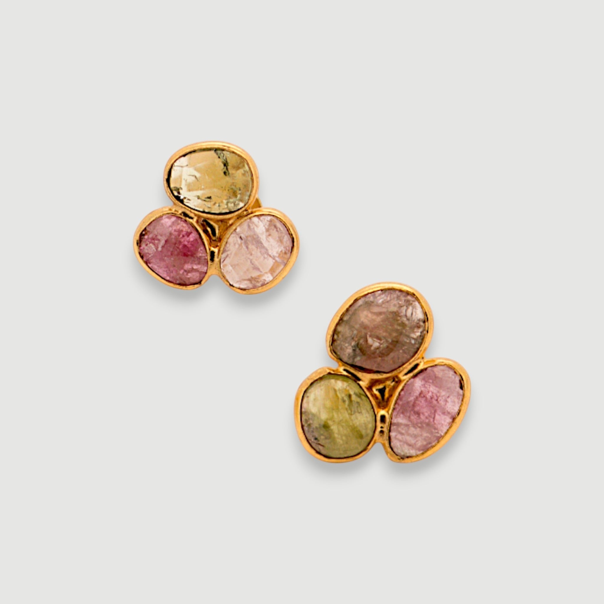 Amara Jewels natural multi-color tourmaline stud earrings in 18K gold vermeil over sterling silver. Features pink, green, and brown hues.
