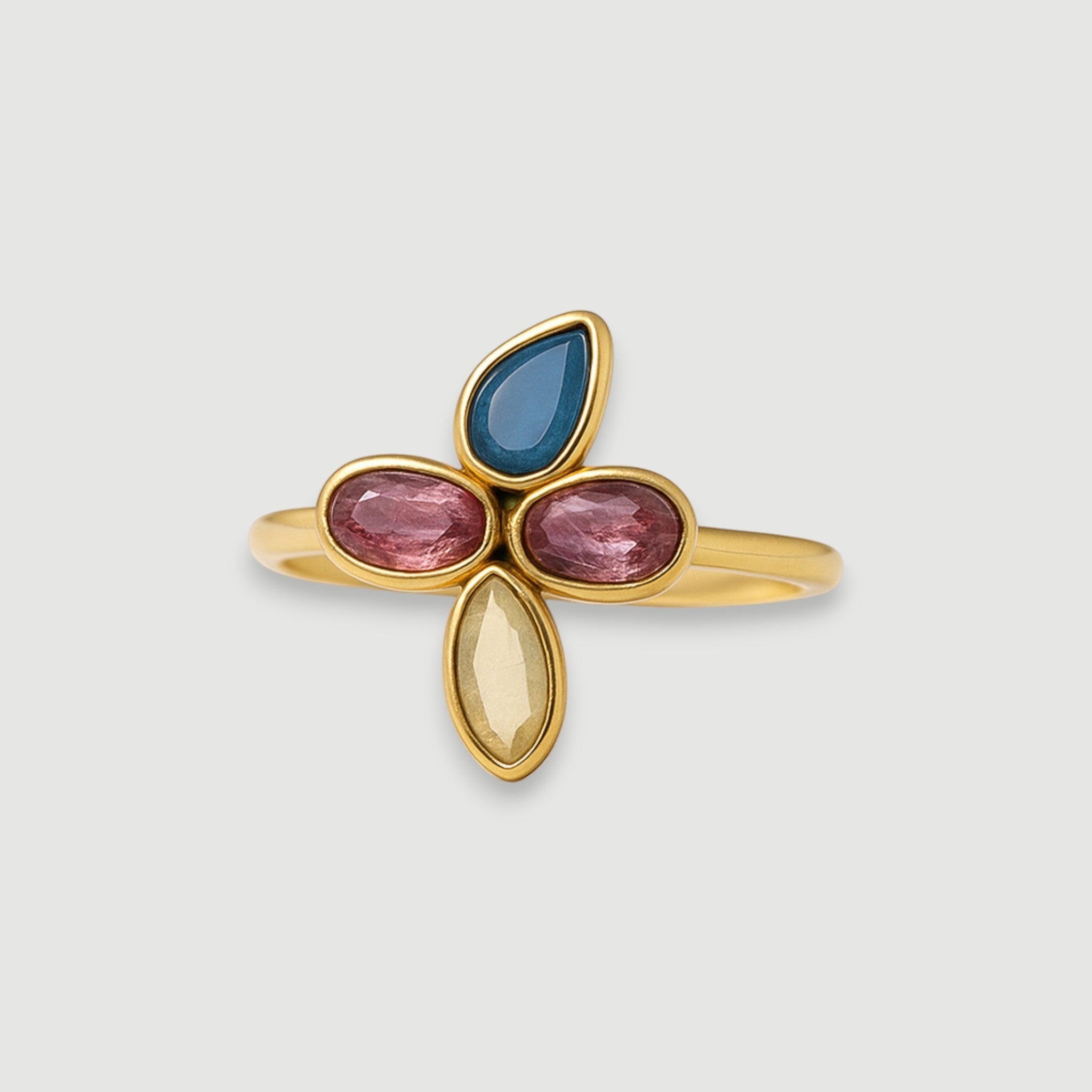 Amara Jewels 18K gold plated sterling silver ring with amethyst and two purple tourmalines.