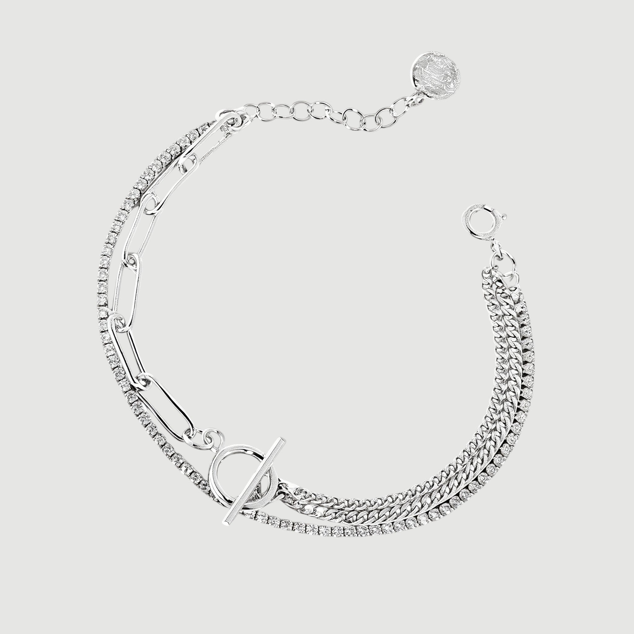 Amara Jewels layered chain sterling silver bracelet with toggle clasp featuring circle T charm.