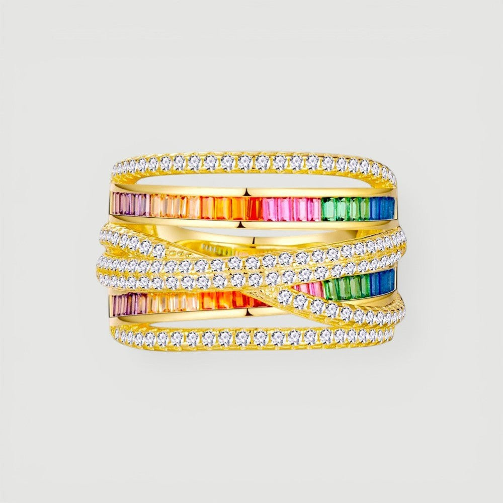 Amara Jewels gold-plated 925 sterling silver ring with multicolor cubic zirconia stones and pave details. Layered design.