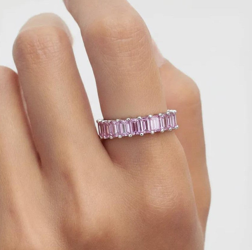 Amara Jewels pink baguette eternity ring in sterling silver with a polished