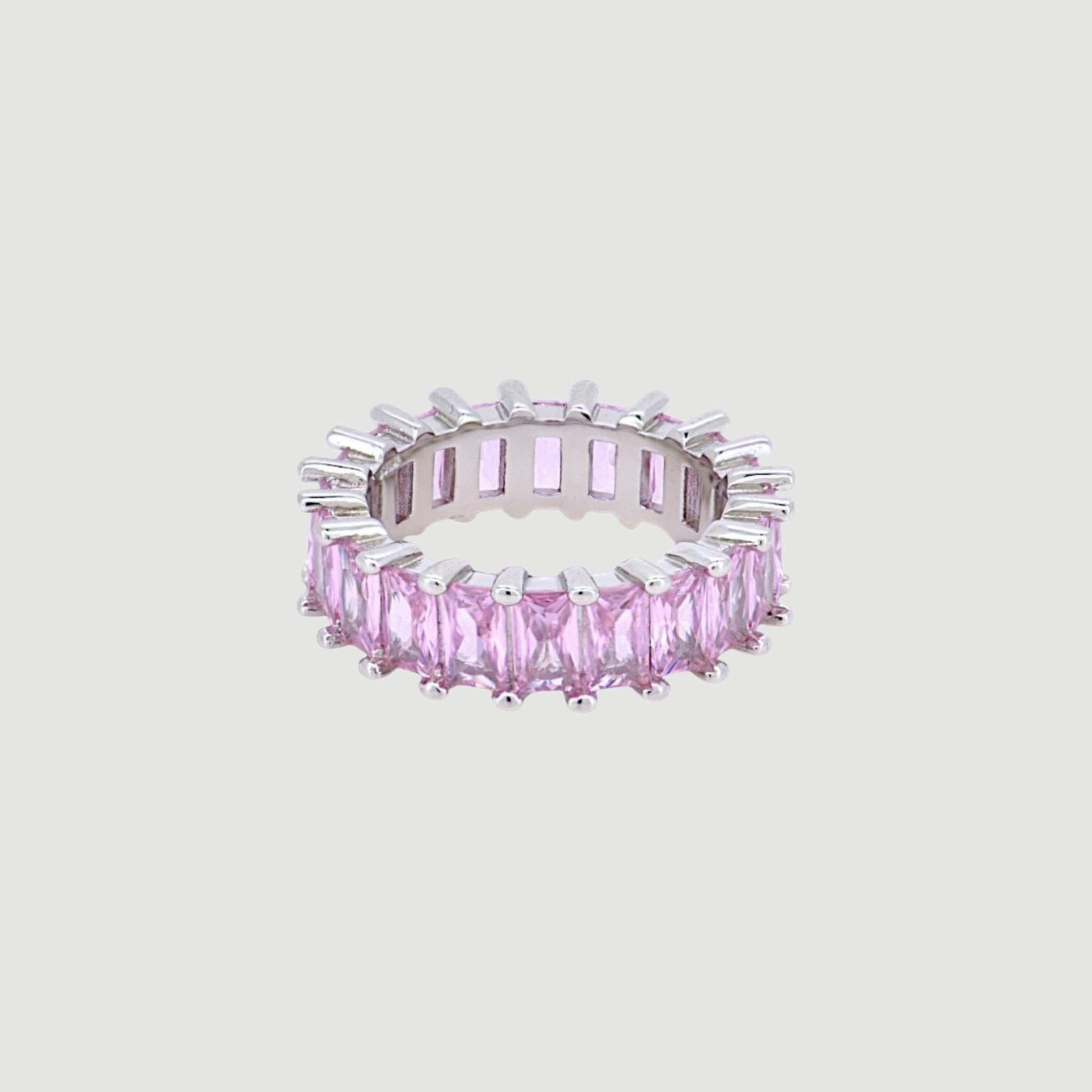 Amara Jewels pink baguette eternity ring in sterling silver with a polished finish.