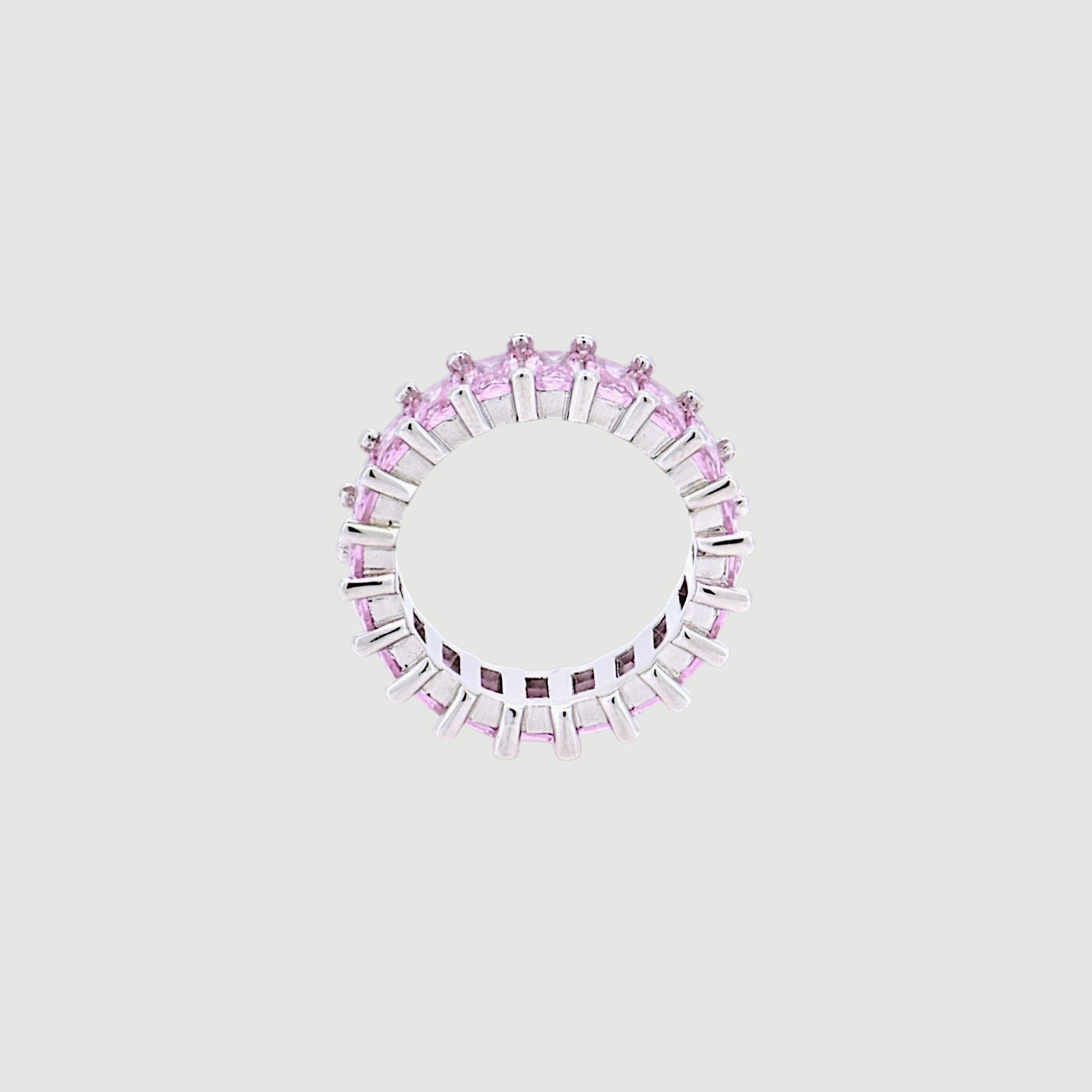 Amara Jewels pink baguette eternity ring in sterling silver with a polished finish.