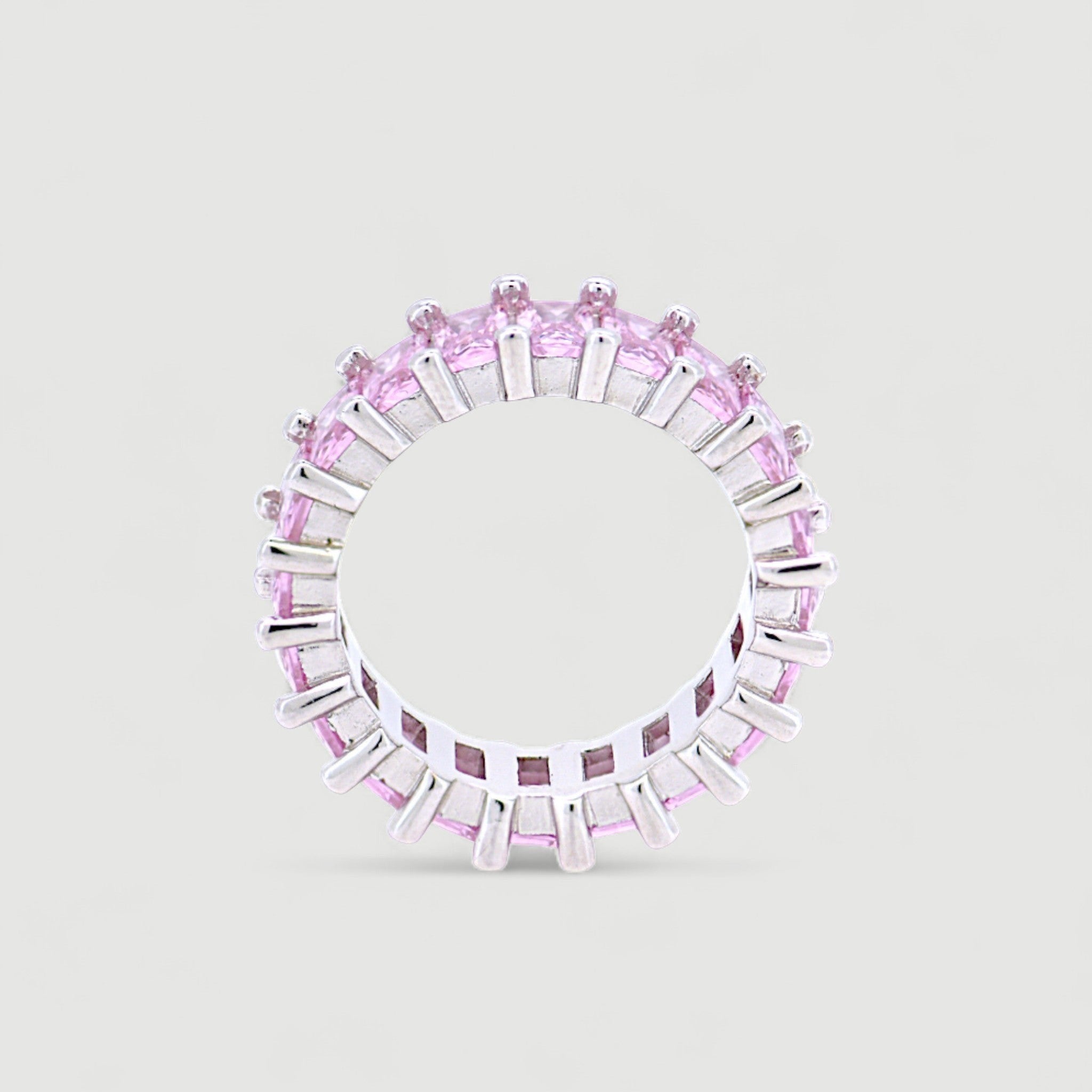 Amara Jewels pink baguette eternity ring in sterling silver with a polished finish.