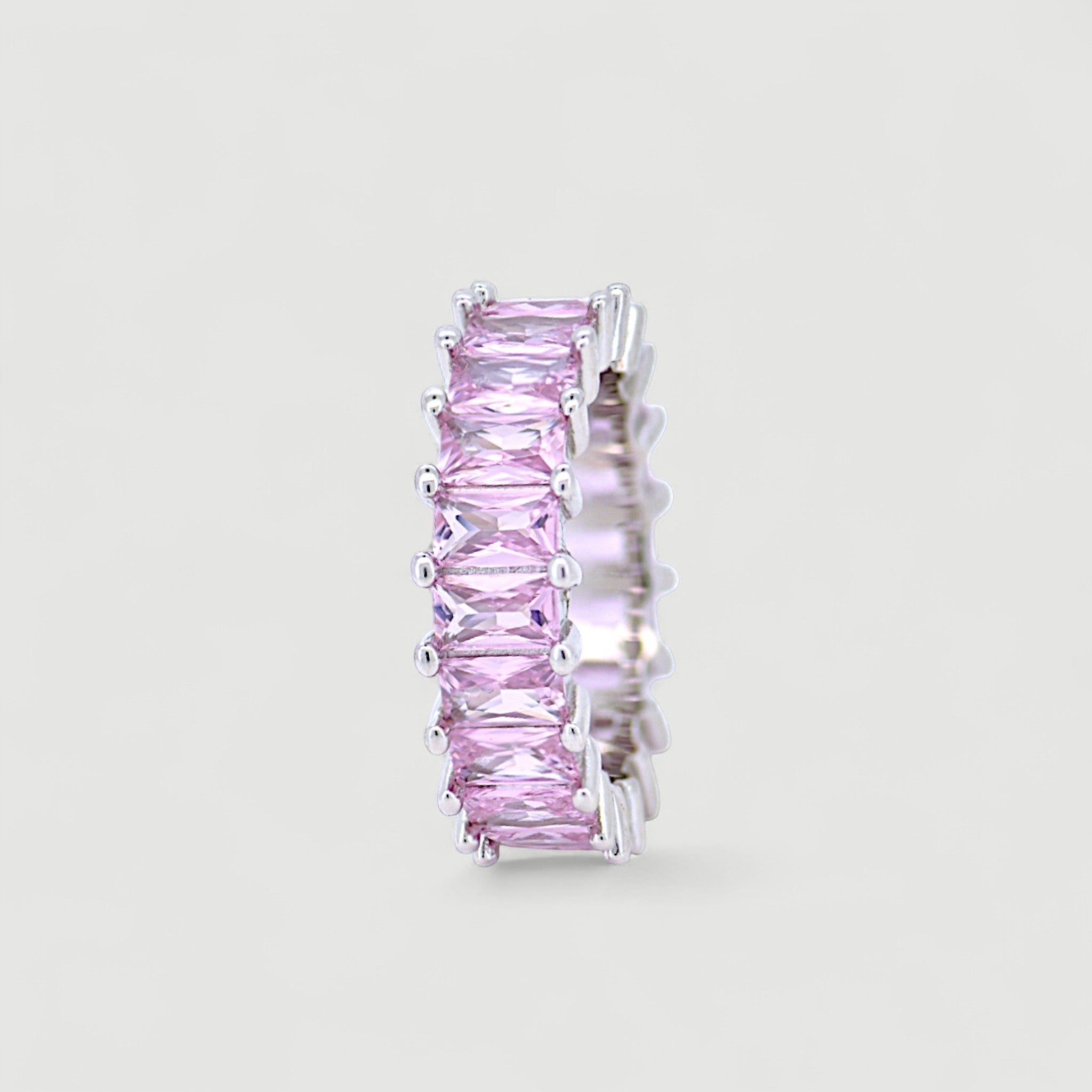 Amara Jewels pink baguette eternity ring in sterling silver with a polished finish.