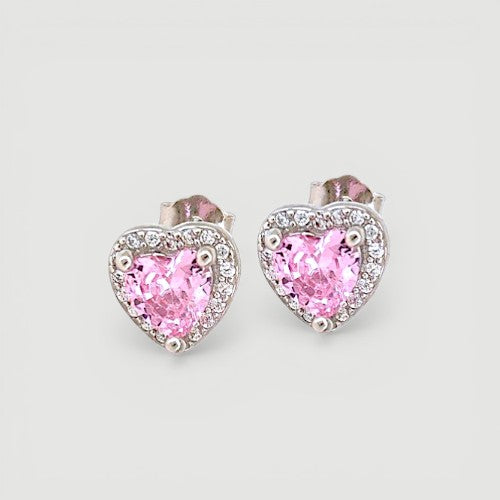 Amara Jewels pink heart-shaped cubic zirconia stud earrings with a halo of clear cubic zirconia accents, crafted from sterling silver.