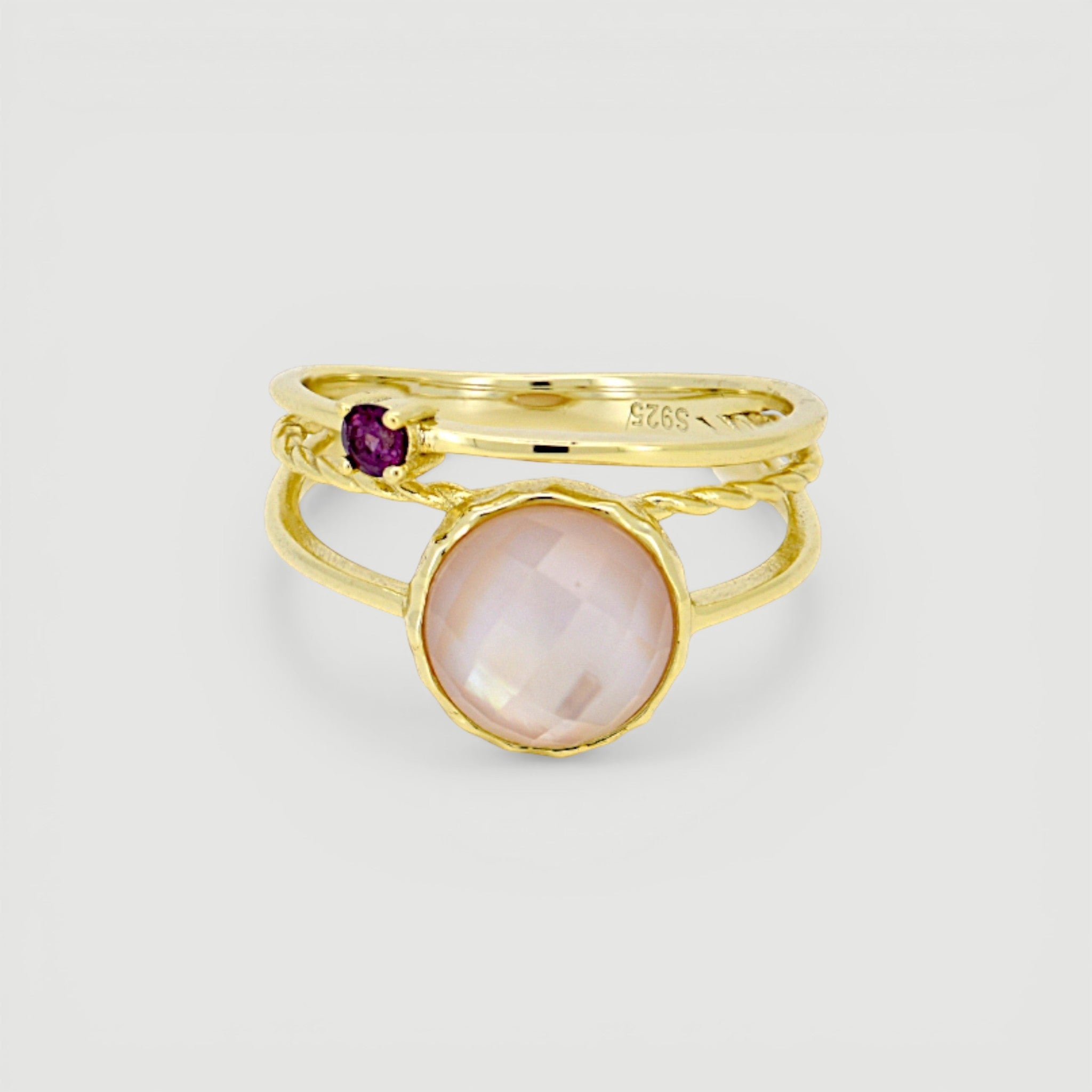 Amara Jewels gold-plated sterling silver ring with a pink shell pearl and a small ruby accent.